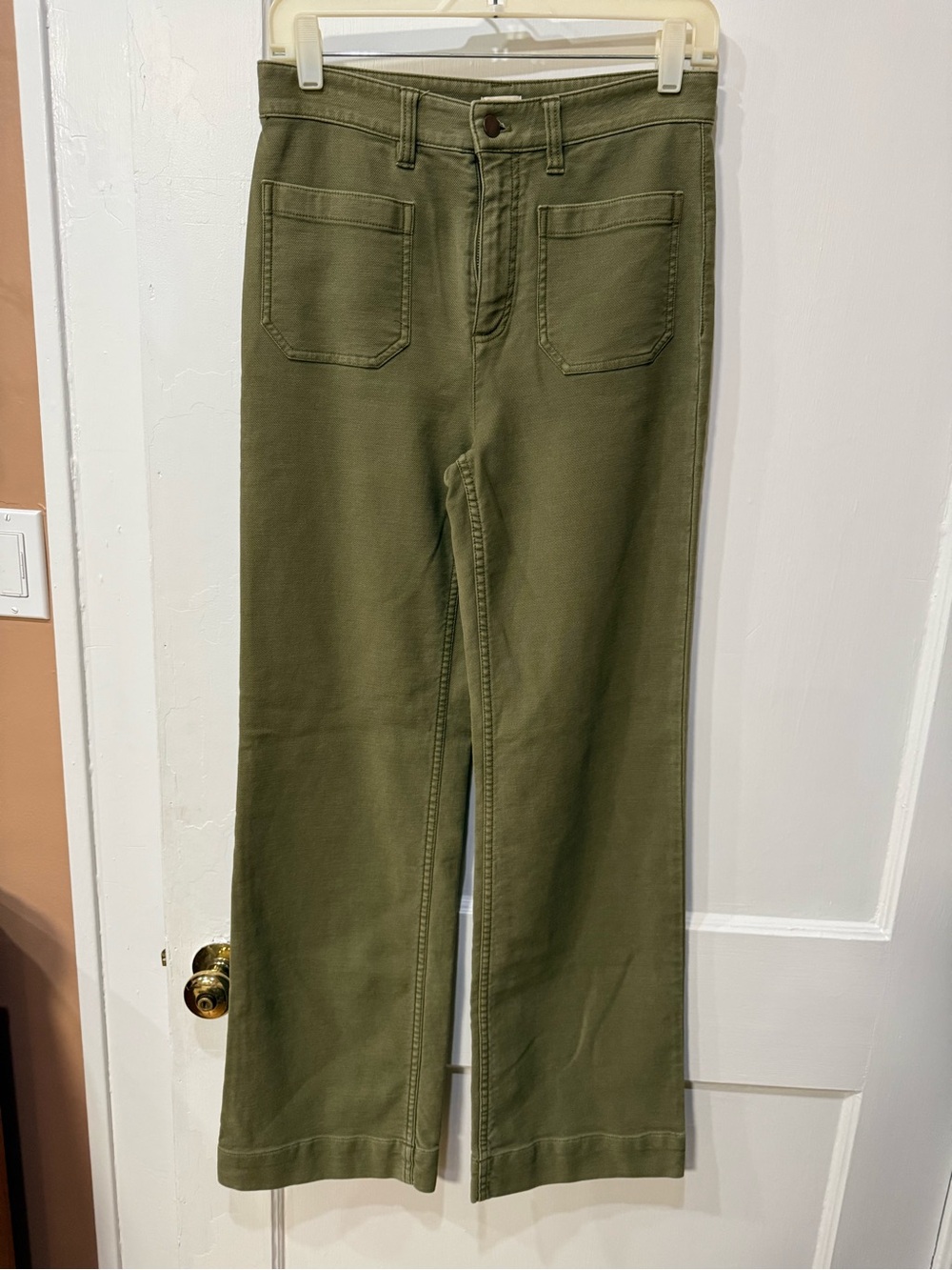 Faherty Stretch Terry Patch Pocket Pants Army Olive Green Flat Front EUC Size 28